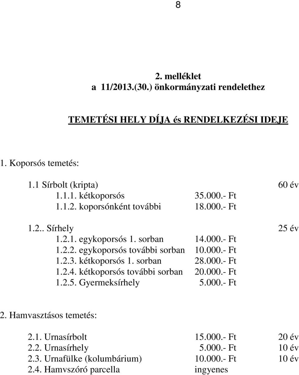 kétkoporsós 1. sorban 28.000.- Ft 1.2.4. kétkoporsós további sorban 20.000.- Ft 1.2.5. Gyermeksírhely 5.000.- Ft 2. Hamvasztásos temetés: 2.1. Urnasírbolt 15.