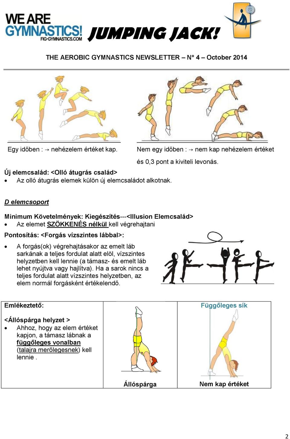 D elemcsoport Minimum Követelmények: Kiegészítés---<Illusion Elemcsalád> Az elemet SZÖKKENÉS nélkül kell végrehajtani Pontosítás: <Forgás vízszintes lábbal>: A forgás(ok) végrehajtásakor az emelt láb