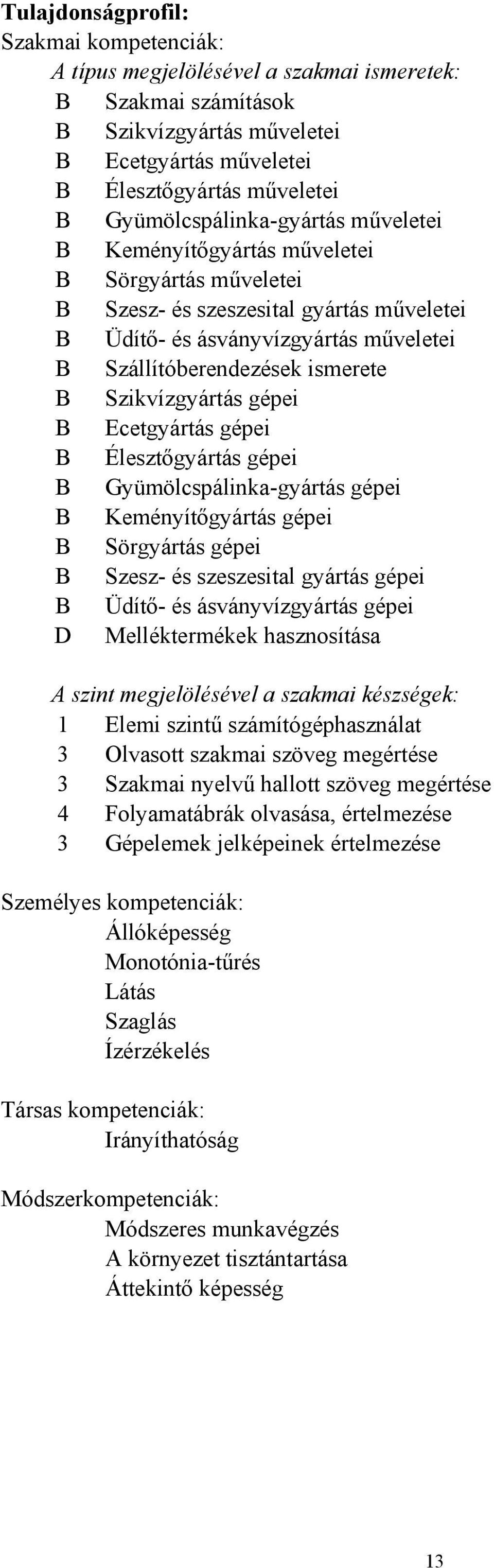 Szikvízgyártás gépei B Ecetgyártás gépei B Élesztőgyártás gépei B Gyümölcspálinkagyártás gépei B Keményítőgyártás gépei B Sörgyártás gépei B Szesz és szeszesital gyártás gépei B Üdítő és