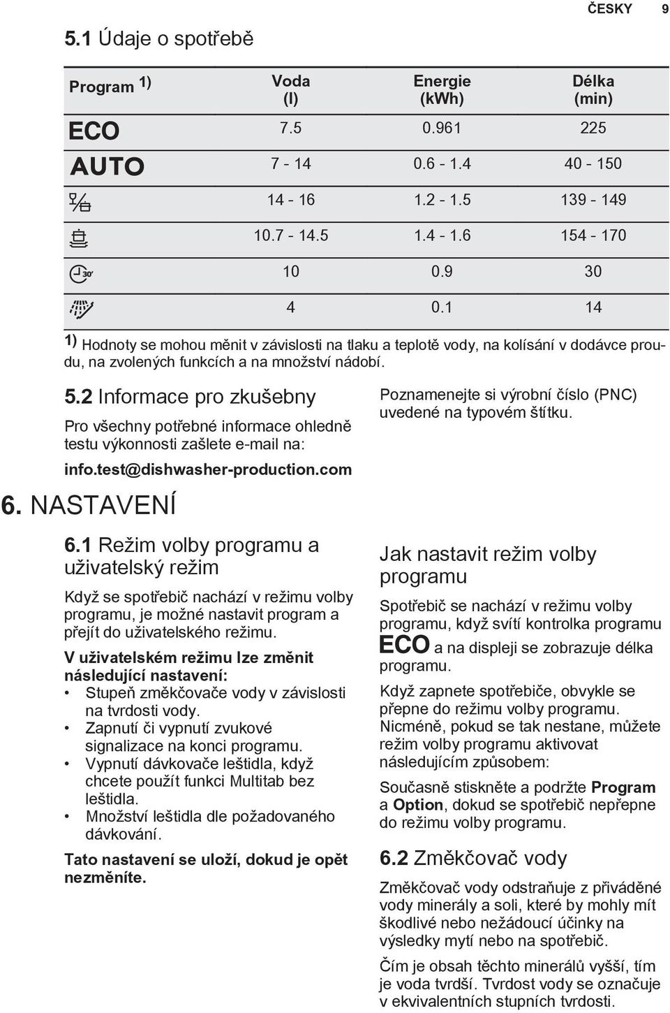 2 Informace pro zkušebny Pro všechny potřebné informace ohledně testu výkonnosti zašlete e-mail na: info.test@dishwasher-production.com 6. NASTAVENÍ 6.