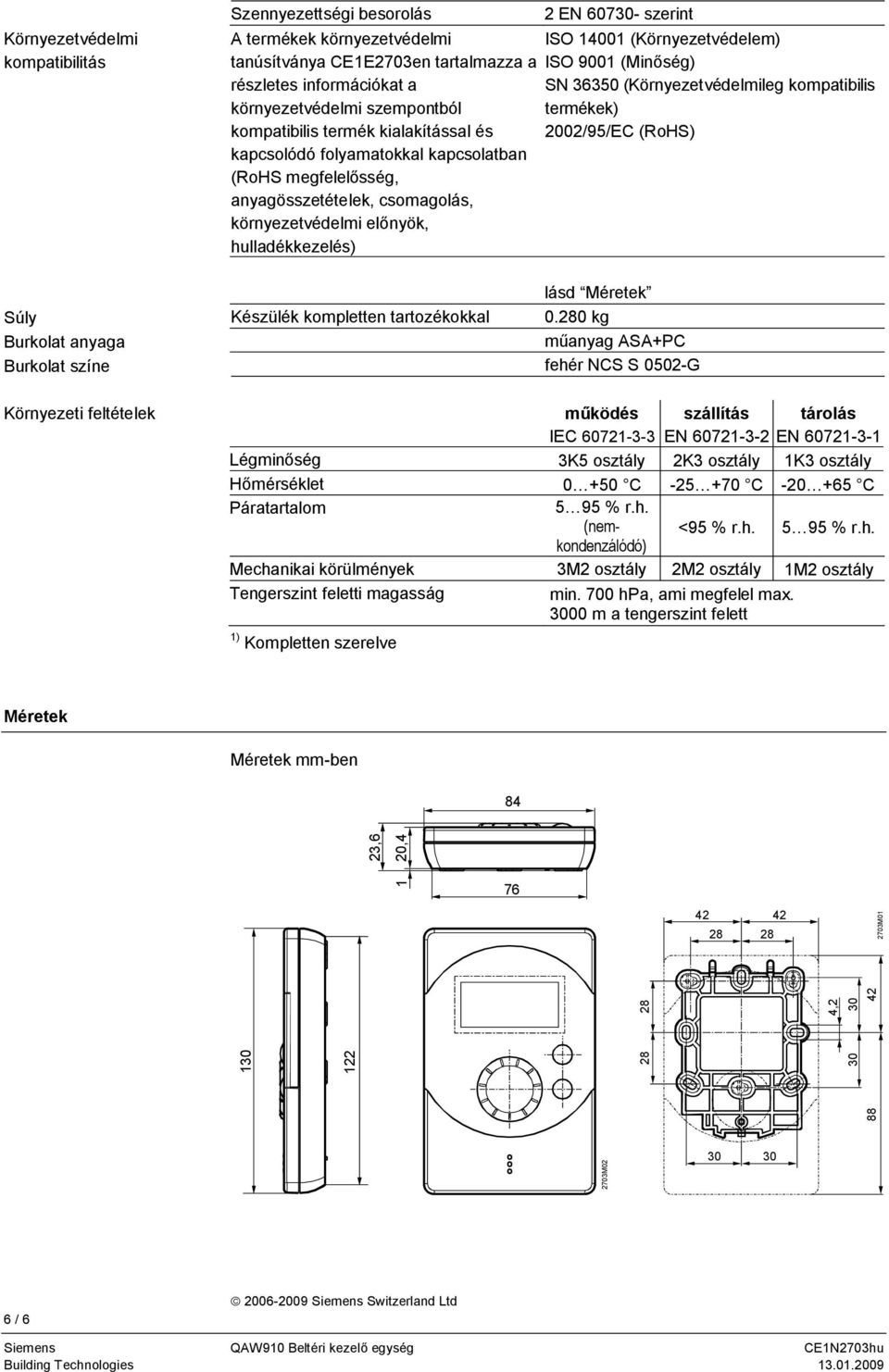 ISO 9001 (Minőség) SN 36350 (Környezetvédelmileg kompatibilis termékek) 2002/95/EC (RoHS) Súly Burkolat anyaga Burkolat színe Készülék kompletten tartozékokkal lásd Méretek 0.