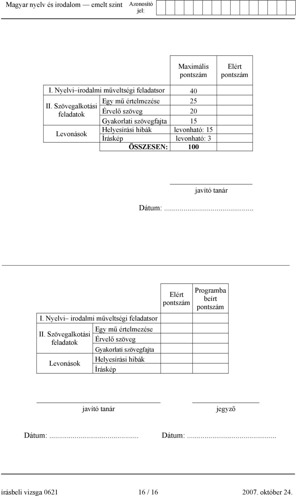 levonható: 3 ÖSSZESEN: 100 javító tanár Dátum:... I. Nyelvi irodalmi műveltségi feladatsor II.