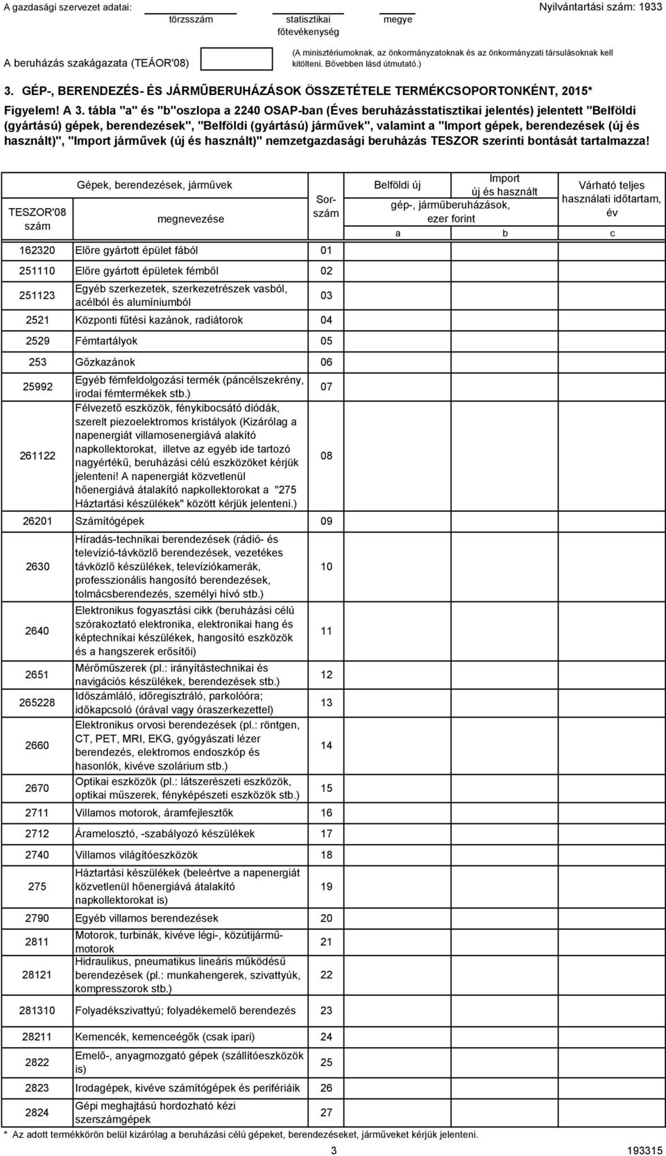 tál "" és ""oszlop 2240 OSAP-n (Éves eruházássttisztiki jelentés) jelentett "Belföldi (gyártású) gépek, erendezések", "Belföldi (gyártású) járművek", vlmint "Import gépek, erendezések (új és