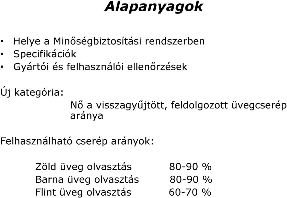 visszagyűjtött, feldolgozott üvegcserép aránya Felhasználható cserép