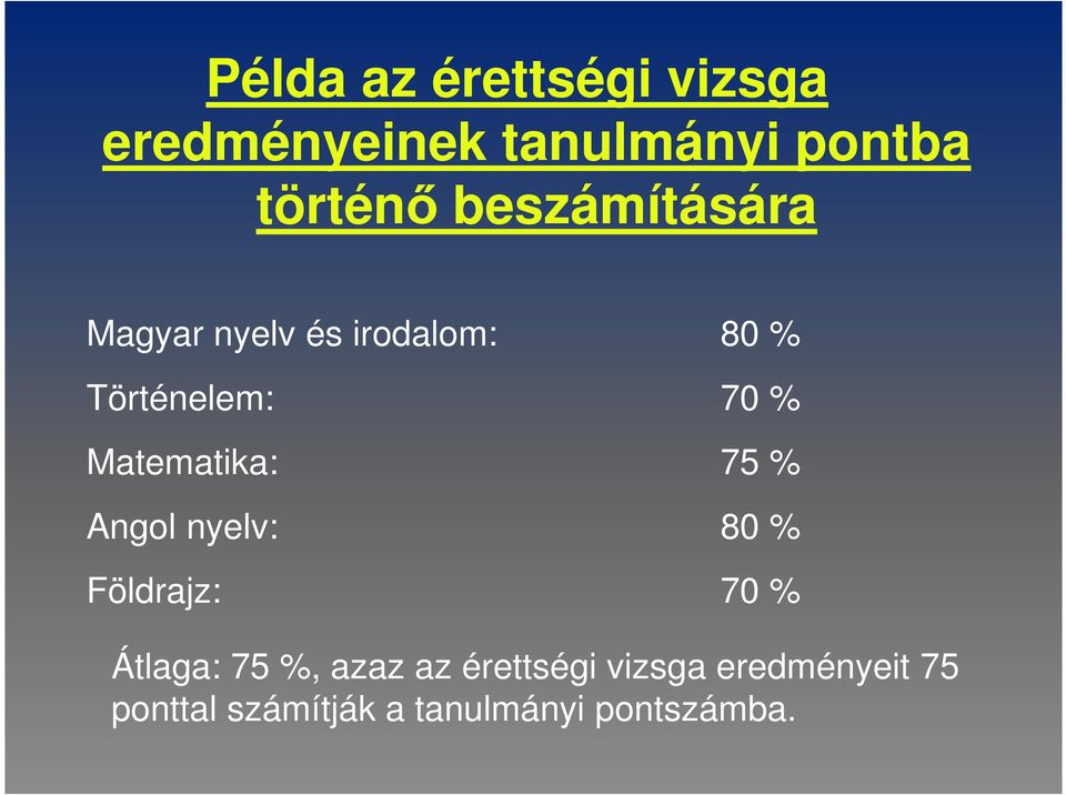 Matematika: 75 % Angol nyelv: 80 % Földrajz: 70 % Átlaga: 75 %, azaz