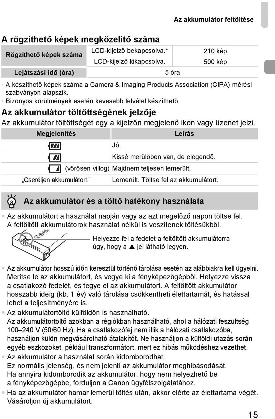 Az akkumulátor töltöttségének jelzője Az akkumulátor töltöttségét egy a kijelzőn megjelenő ikon vagy üzenet jelzi. Megjelenítés Leírás Jó. Kissé merülőben van, de elegendő.