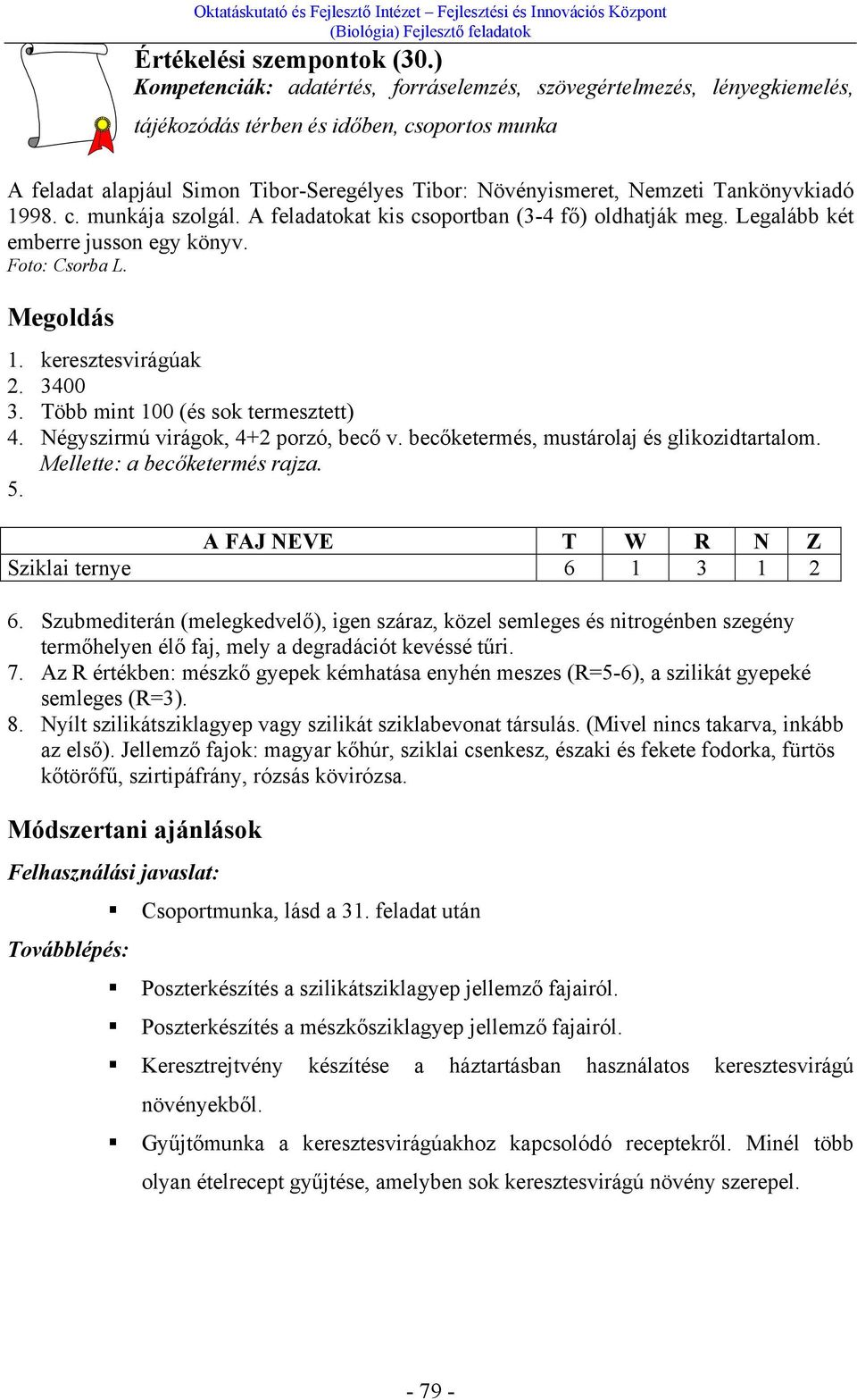 Tankönyvkiadó 1998. c. munkája szolgál. A feladatokat kis csoportban (3-4 fő) oldhatják meg. Legalább két emberre jusson egy könyv. Foto: Csorba L. Megoldás 1. keresztesvirágúak 2. 3400 3.