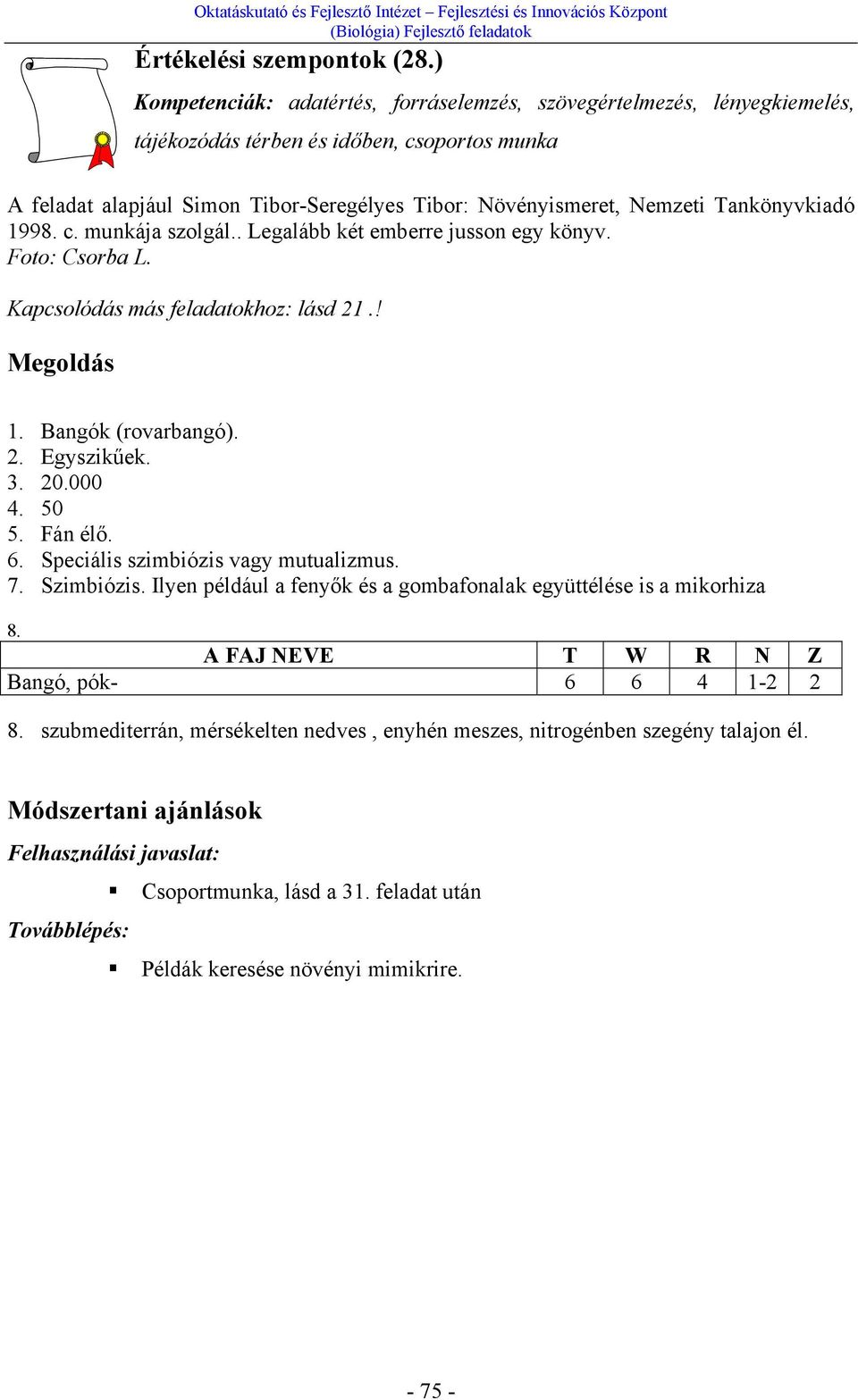 Tankönyvkiadó 1998. c. munkája szolgál.. Legalább két emberre jusson egy könyv. Foto: Csorba L. Kapcsolódás más feladatokhoz: lásd 21.! Megoldás 1. Bangók (rovarbangó). 2. Egyszikűek. 3. 20.000 4.