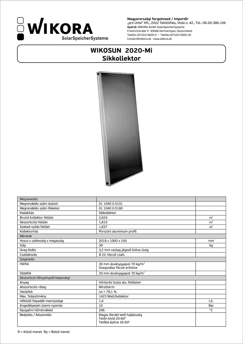 Bruttó kollektor felület,04 Abszorbciós felület 1,810 Szabad nyílás felület 1,87 Kollektorház Porszórt aluiniu profil Hossz x szélesség x agasság 018 x 1000 x 100 Súly 9 kg Üveg fedés, vastag jégeső