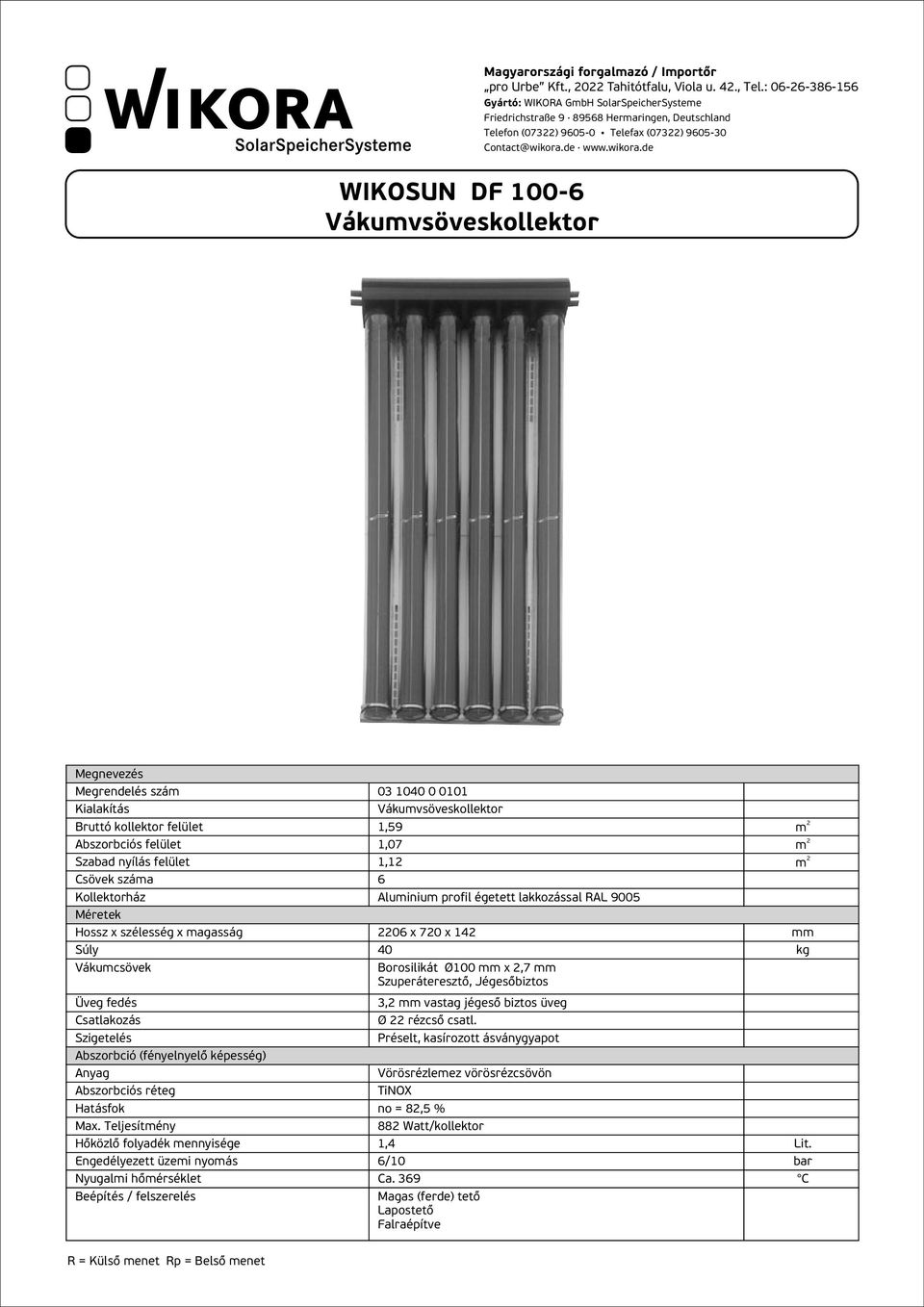 felület 1,1 Csövek száa 6 Kollektorház Aluiniu profil égetett lakkozással RAL 9005 Hossz x szélesség x agasság 06 x 70 x 14 Súly 40 kg Vákucsövek Borosilikát Ø100 x,7 Szuperáteresztő, Jégesőbiztos