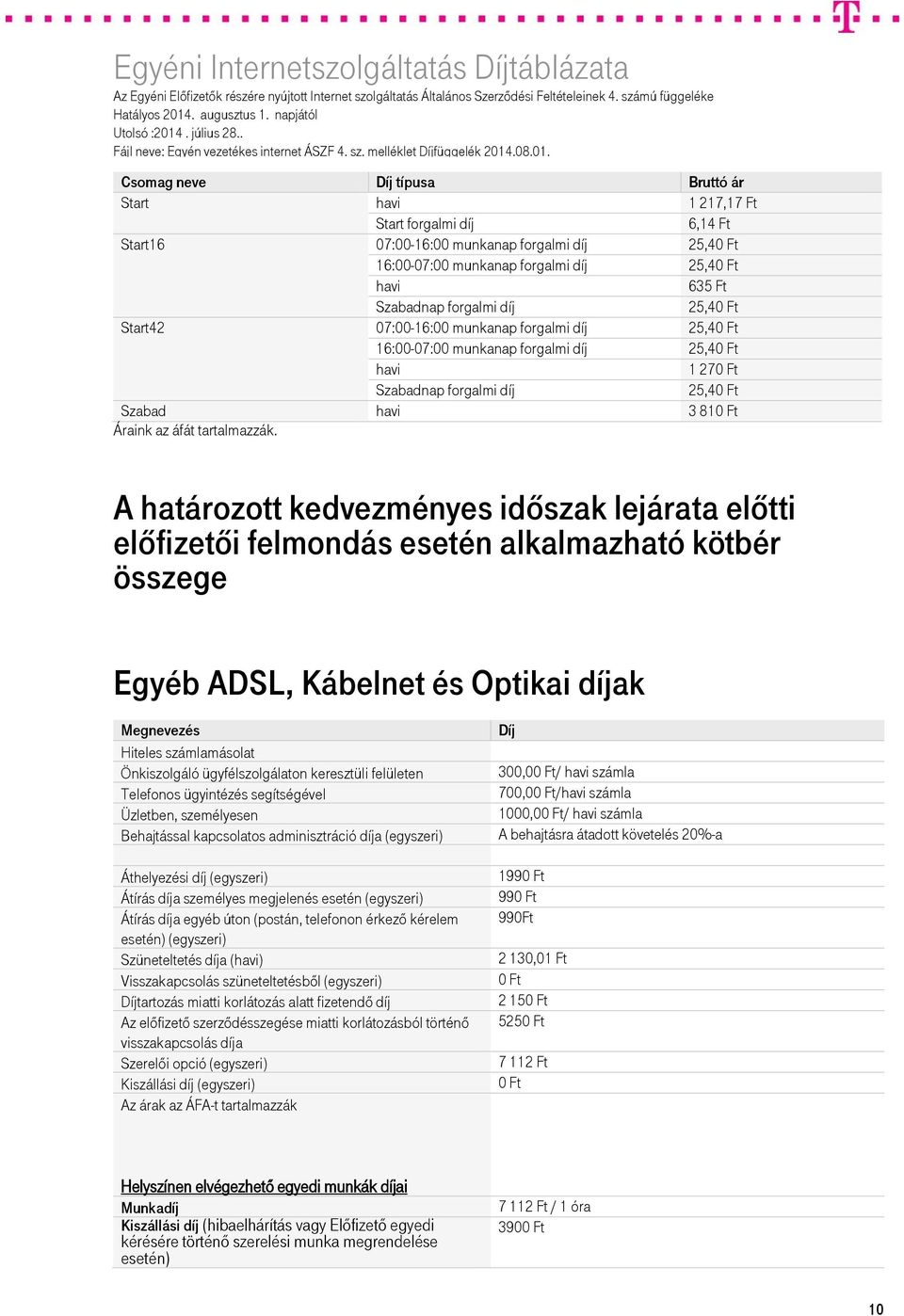 A határozott kedvezményes időszak lejárata előtti előfizetői felmondás esetén alkalmazható kötbér összege Egyéb ADSL, Kábelnet és Optikai díjak Megnevezés Hiteles számlamásolat Önkiszolgáló