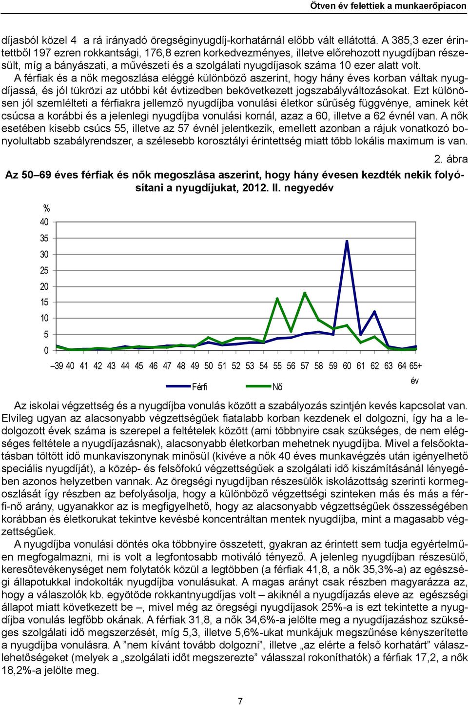 volt. A férfiak és a nők megoszlása eléggé különböző aszerint, hogy hány éves korban váltak nyugdíjassá, és jól tükrözi az utóbbi két évtizedben bekövetkezett jogszabályváltozásokat.