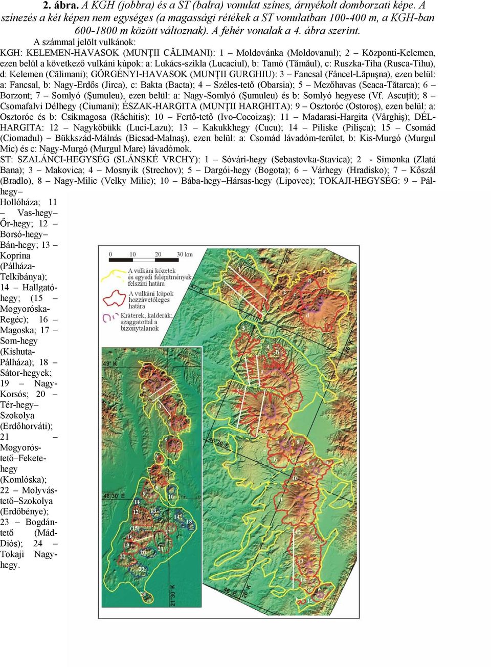 A számmal jelölt vulkánok: KGH: KELEMEN-HAVASOK (MUNŢII CĂLIMANI): 1 Moldovánka (Moldovanul); 2 Központi-Kelemen, ezen belül a következő vulkáni kúpok: a: Lukács-szikla (Lucaciul), b: Tamó (Tămăul),