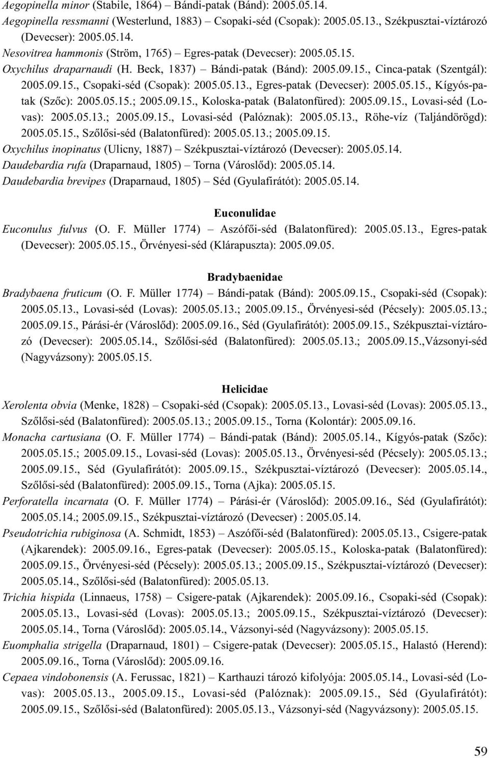 05.15.; 2005.09.15., Koloska-patak (Balatonfüred): 2005.09.15., Lovasi-séd (Lovas): 2005.05.13.; 2005.09.15., Lovasi-séd (Palóznak): 2005.05.13., Röhe-víz (Taljándörögd): 2005.05.15., Szõlõsi-séd (Balatonfüred): 2005.