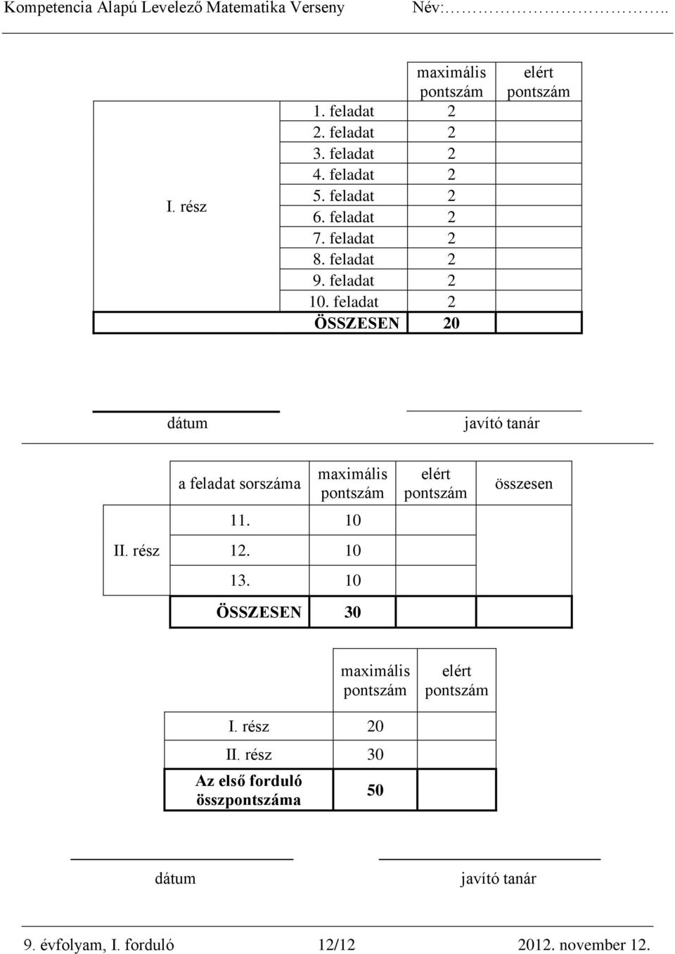 feladat 2 ÖSSZESEN 20 elért pontszám dátum javító tanár a feladat sorszáma maximális pontszám elért pontszám