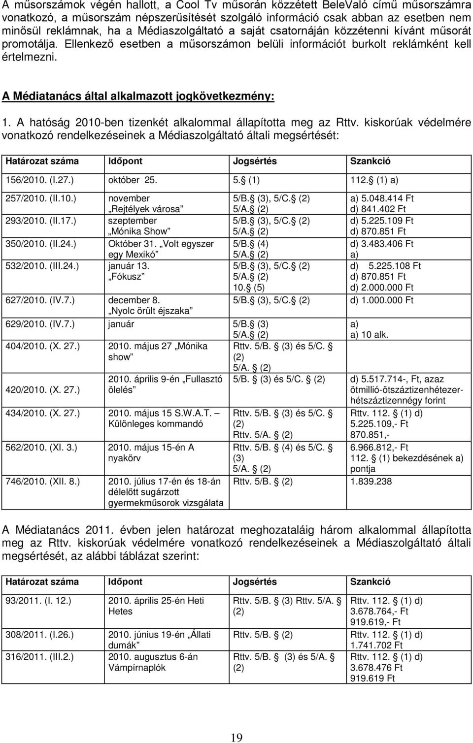 A Médiatanács által alkalmazott jogkövetkezmény: 1. A hatóság 2010-ben tizenkét alkalommal állapította meg az Rttv.