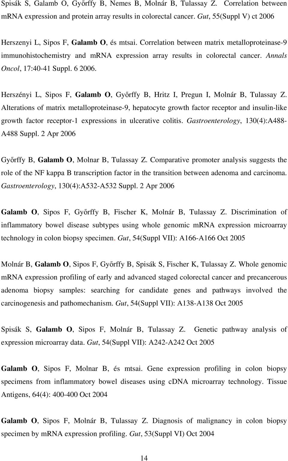 Annals Oncol, 17:40-41 Suppl. 6 2006. Herszényi L, Sipos F, Galamb O, Győrffy B, Hritz I, Pregun I, Molnár B, Tulassay Z.