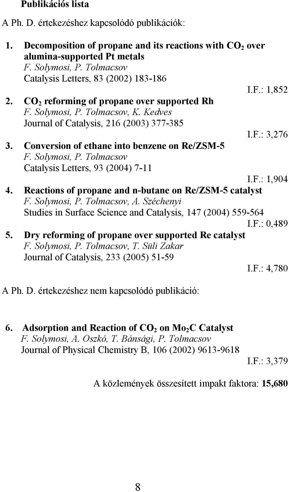 Conversion of ethane into benzene on Re/ZSM-5 F. Solymosi, P. Tolmacsov Catalysis Letters, 93 (2004) 7-11 I.F.: 1,904 4. Reactions of propane and n-butane on Re/ZSM-5 catalyst F. Solymosi, P. Tolmacsov, A.