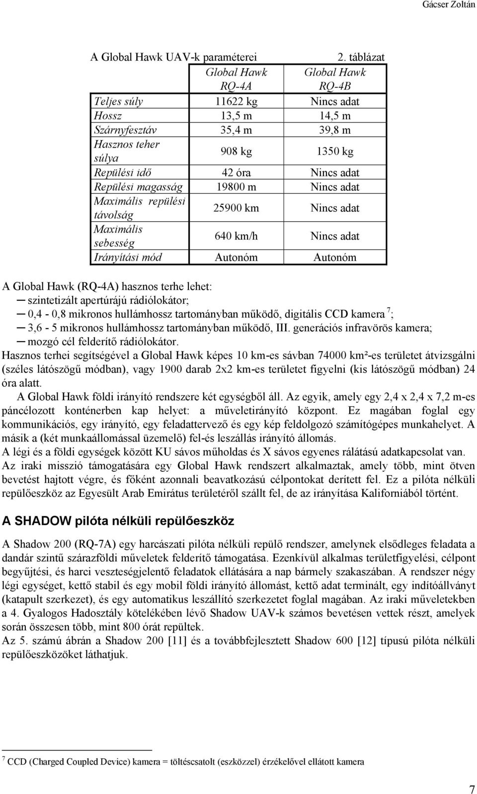 magasság 19800 m Nincs adat Maximális repülési távolság 25900 km Nincs adat Maximális sebesség 640 km/h Nincs adat Irányítási mód Autonóm Autonóm A Global Hawk (RQ-4A) hasznos terhe lehet: