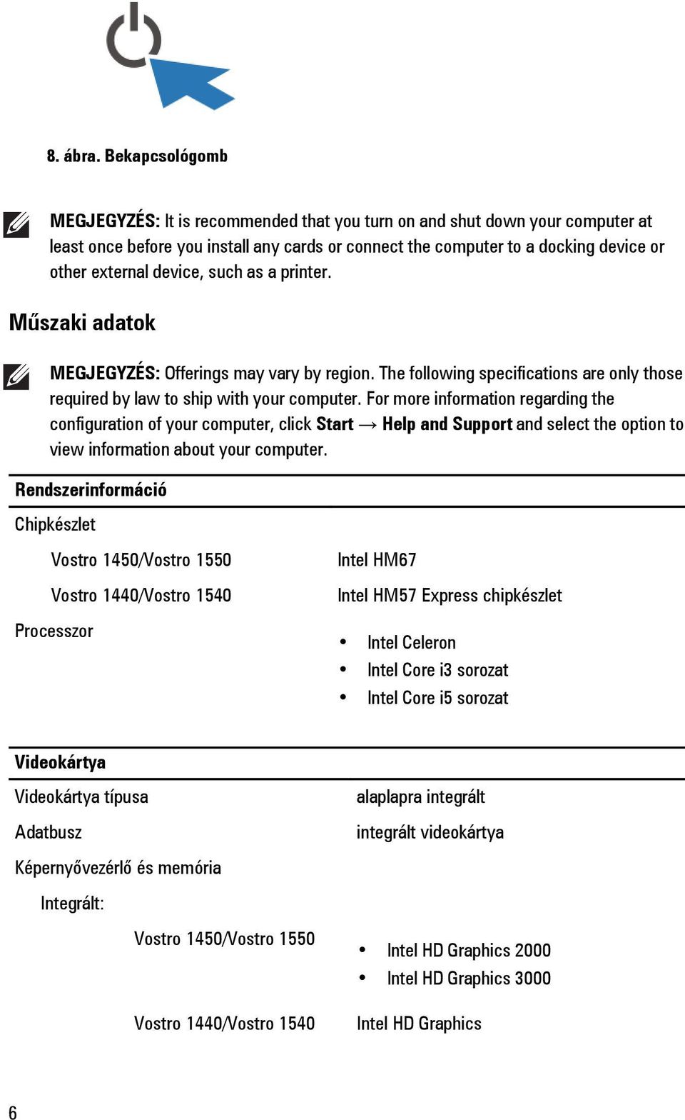 device, such as a printer. Műszaki adatok MEGJEGYZÉS: Offerings may vary by region. The following specifications are only those required by law to ship with your computer.