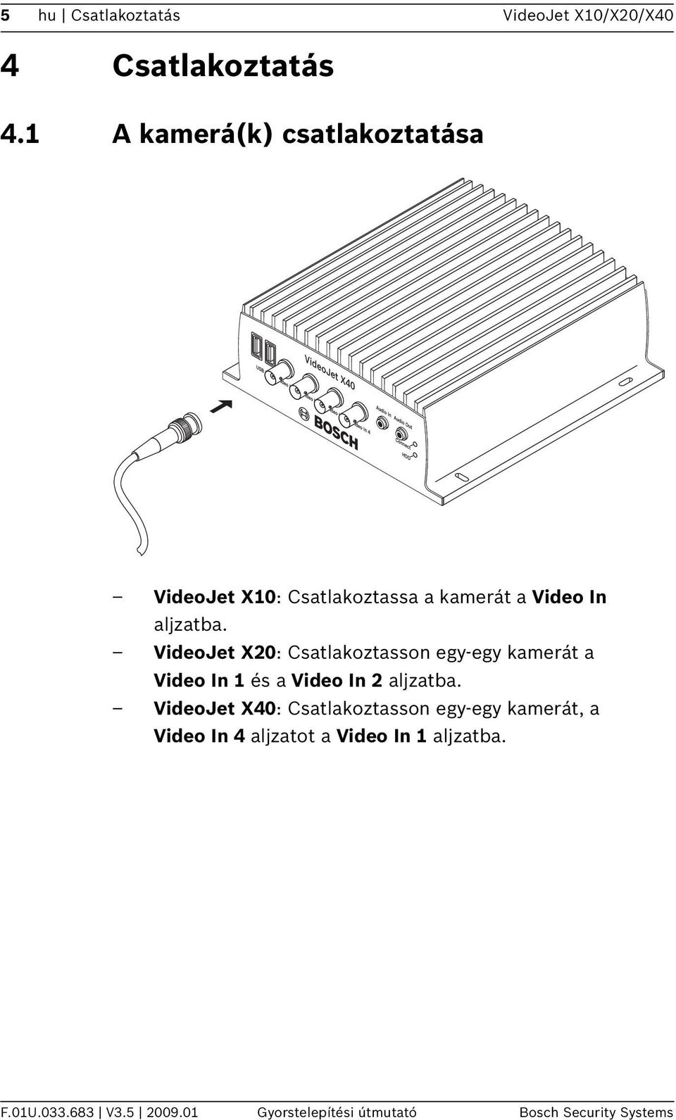 VideoJet X20: Csatlakoztasson egy-egy kamerát a Video In 1 és a Video In 2 aljzatba.