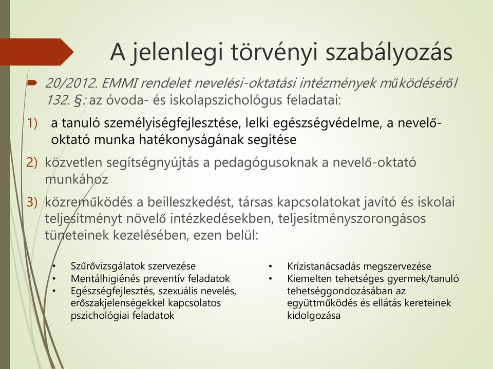 nevelő-oktató munkához 3) közreműködés a beilleszkedést, társas kapcsolatokat javító és iskolai teljesítményt növelő intézkedésekben, teljesítményszorongásos tüneteinek kezelésében, ezen belül: