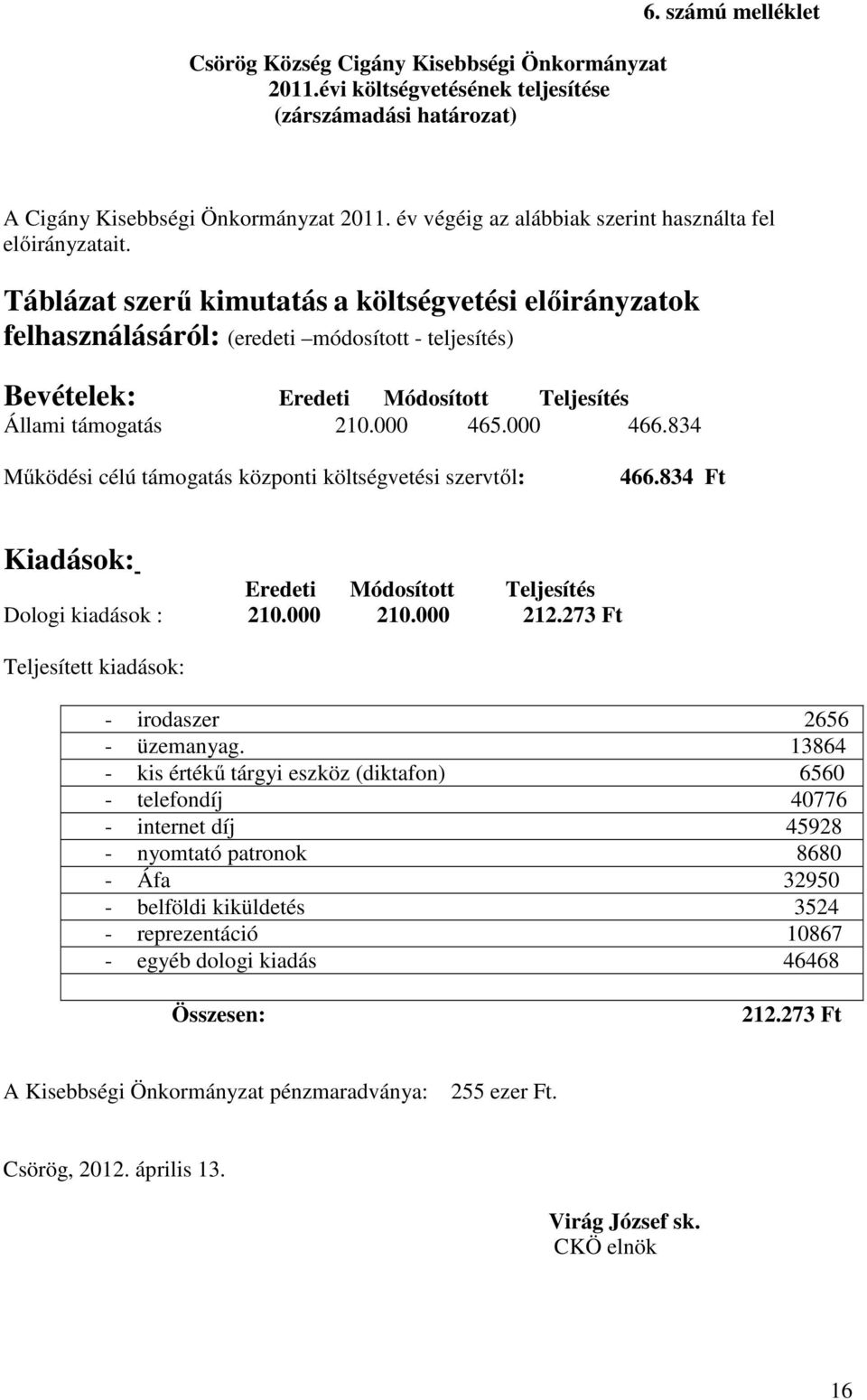 Táblázat szerű kimutatás a költségvetési előirányzatok felhasználásáról: (eredeti módosított - teljesítés) Bevételek: Eredeti Módosított Teljesítés Állami támogatás 210.000 465.000 466.