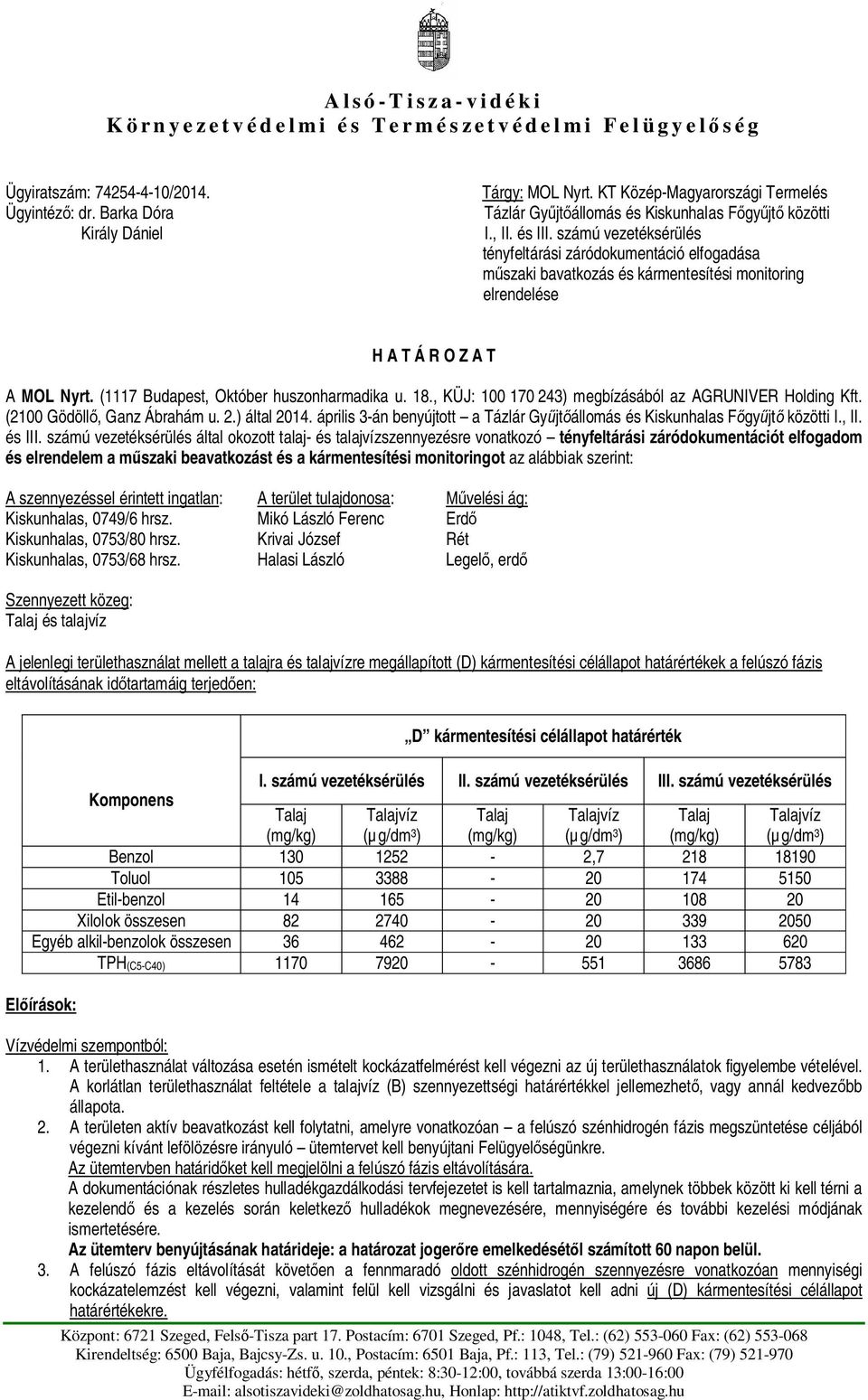 számú vezetéksérülés tényfeltárási záródokumentáció elfogadása m szaki bavatkozás és kármentesítési monitoring elrendelése H A T Á R O Z A T A MOL Nyrt. (1117 Budapest, Október huszonharmadika u. 18.