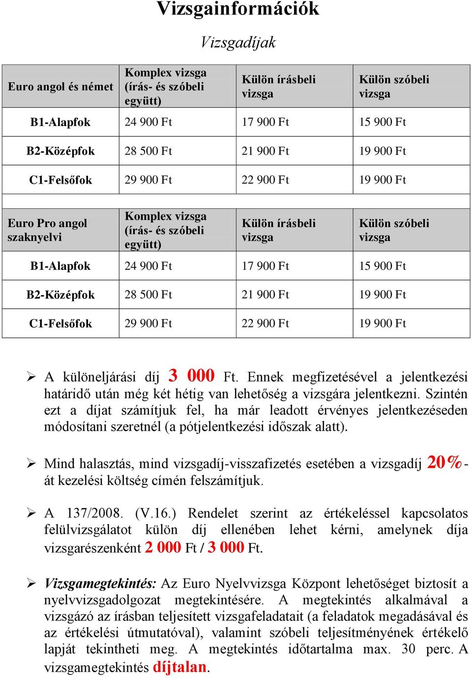 Vizsgainformációk. Vizsgadíjak. Külön írásbeli vizsga. Külön írásbeli vizsga  - PDF Ingyenes letöltés