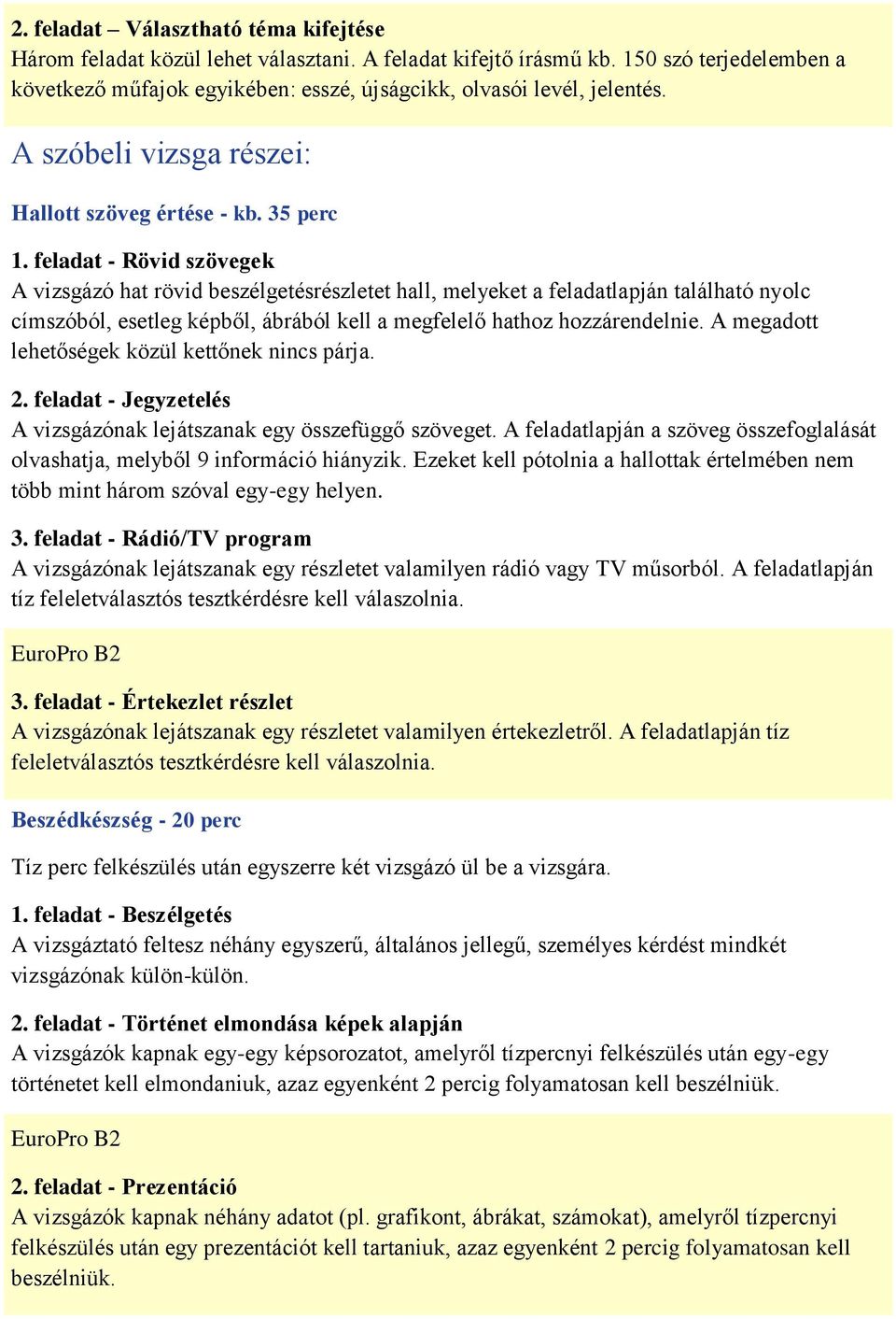 feladat - Rövid szövegek A vizsgázó hat rövid beszélgetésrészletet hall, melyeket a feladatlapján található nyolc címszóból, esetleg képből, ábrából kell a megfelelő hathoz hozzárendelnie.