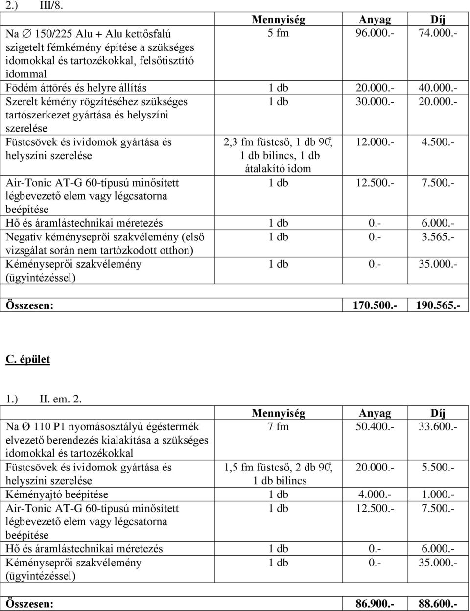 Na Ø 110 P1 nyomásosztályú égéstermék idomokkal és tartozékokkal 7 fm 50.