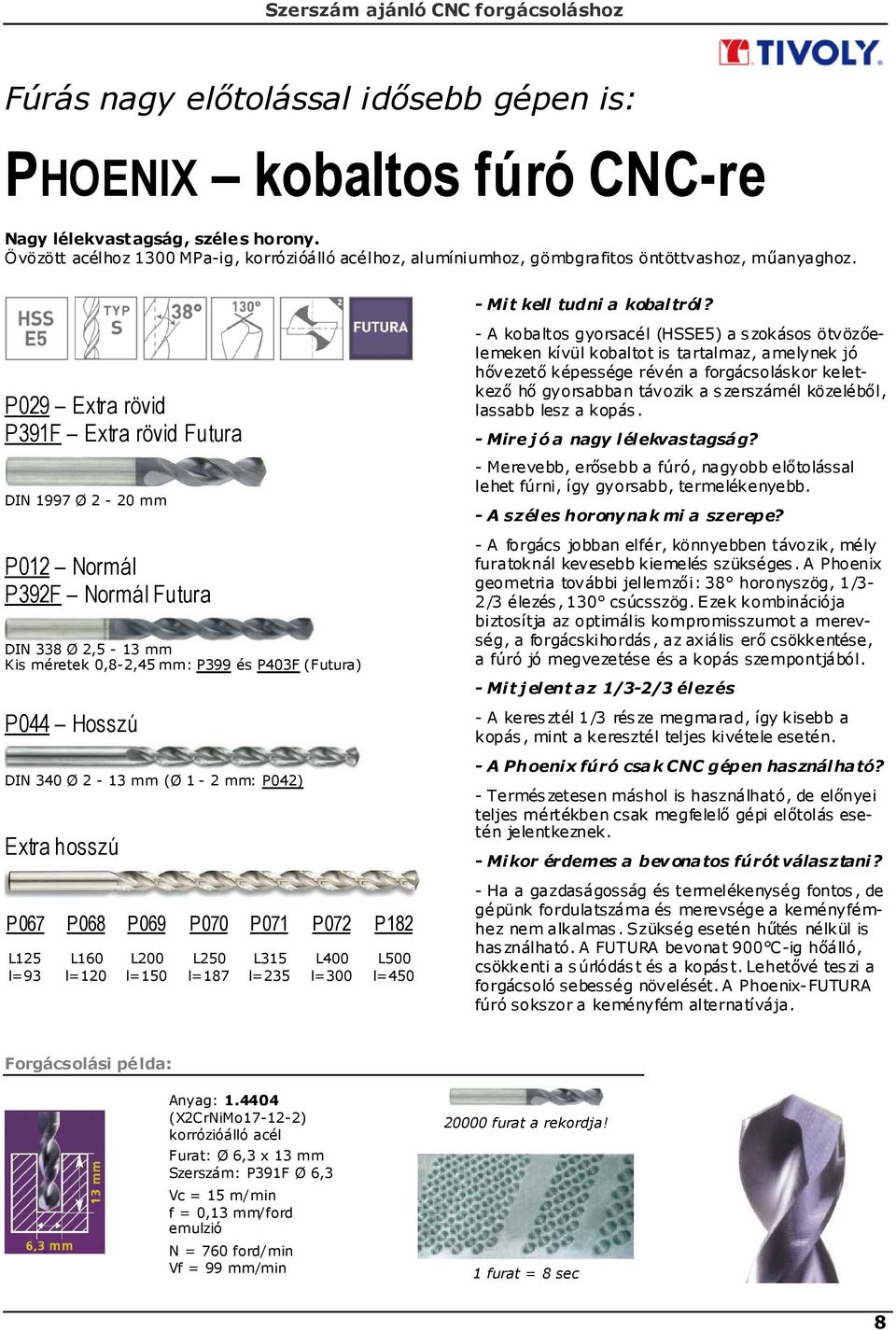 P29 Extra rövid P391F Extra rövid Futura DIN 1997 Ø 2-2 mm P12 Normál P392F Normál Futura DIN 338 Ø 2,5-13 mm Kis méretek,8-2,45 mm: P399 és P43F (Futura) P44 Hosszú DIN 34 Ø 2-13 mm (Ø 1-2 mm: P42)