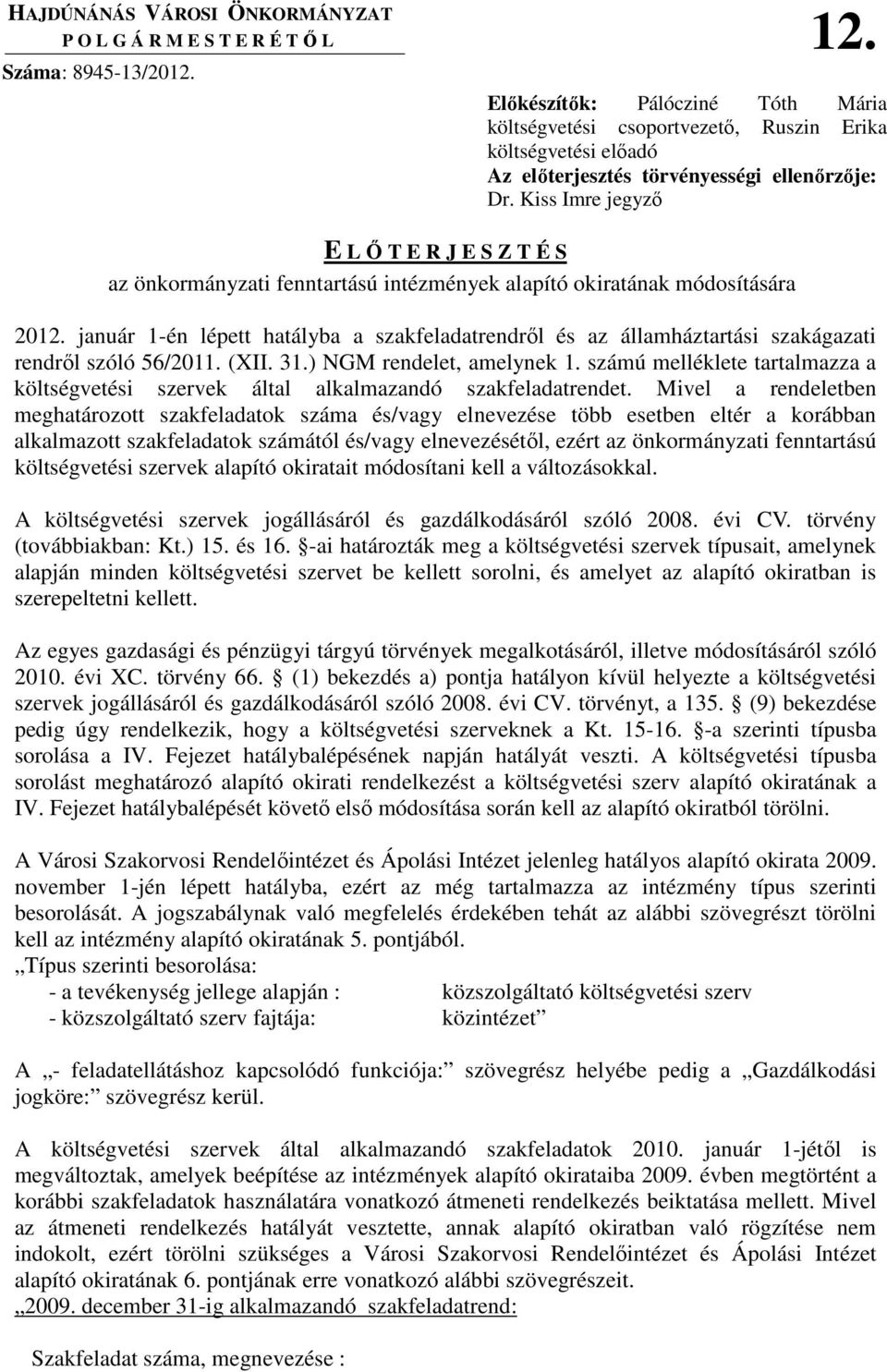 Kiss Imre jegyzı E L İ T E R J E S Z T É S az önkormányzati fenntartású intézmények alapító okiratának módosítására 2012.