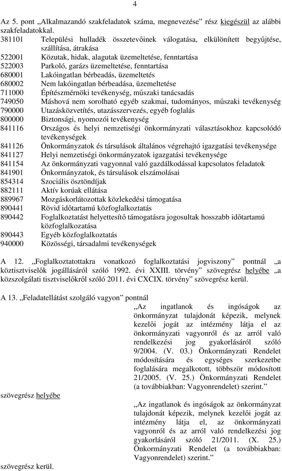 fenntartása 680001 Lakóingatlan bérbeadás, üzemeltetés, üzemeltetése 711000 Építészmérnöki tevékenység, mőszaki tanácsadás 749050 Máshová nem sorolható egyéb szakmai, tudományos, mőszaki tevékenység