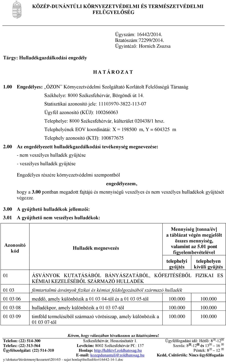 Statisztikai azonosító jele: 11103970-3822-113-07 Ügyfél azonosító (KÜJ): 100266063 Telephelye: 8000 Székesfehérvár, külterület 020438/1 hrsz.