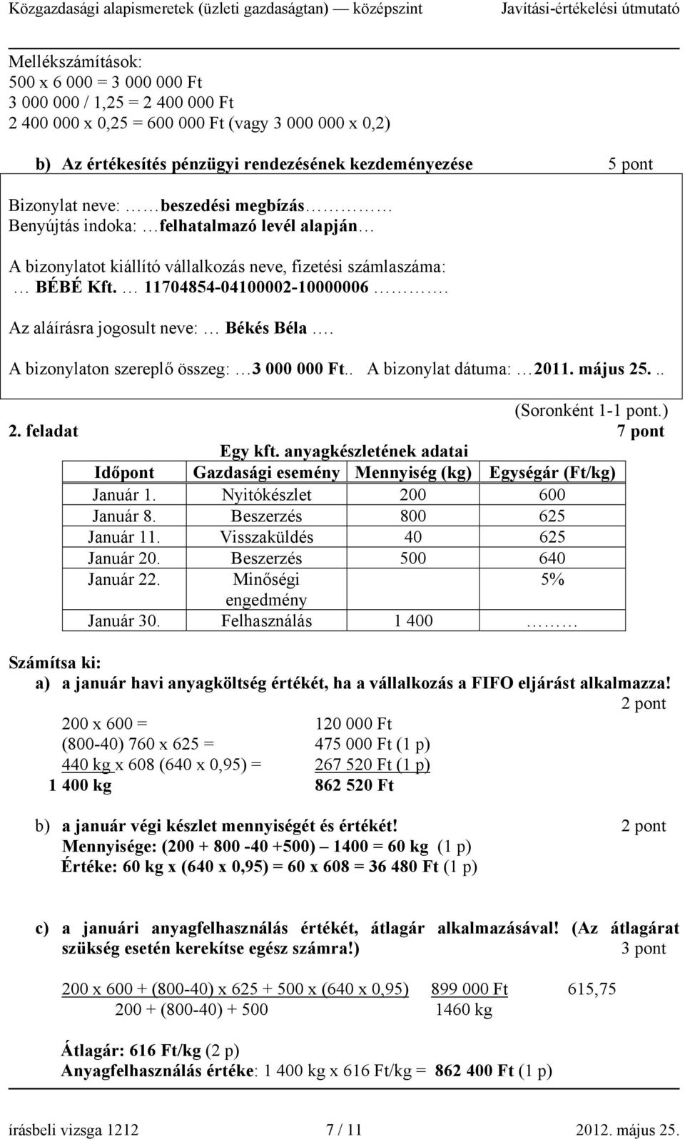 Az aláírásra jogosult neve: Békés Béla. A bizonylaton szereplő összeg: 3 000 000 Ft.. A bizonylat dátuma: 2011. május 25... (Soronként 1-1 pont.) 2. feladat 7 pont Egy kft.