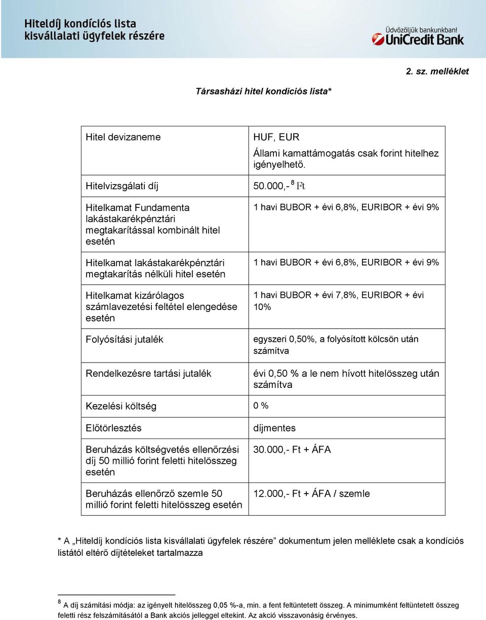 megtakarítás nélküli hitel esetén Hitelkamat kizárólagos számlavezetési feltétel elengedése esetén Folyósítási jutalék Rendelkezésre tartási jutalék HUF, EUR Állami kamattámogatás csak forint