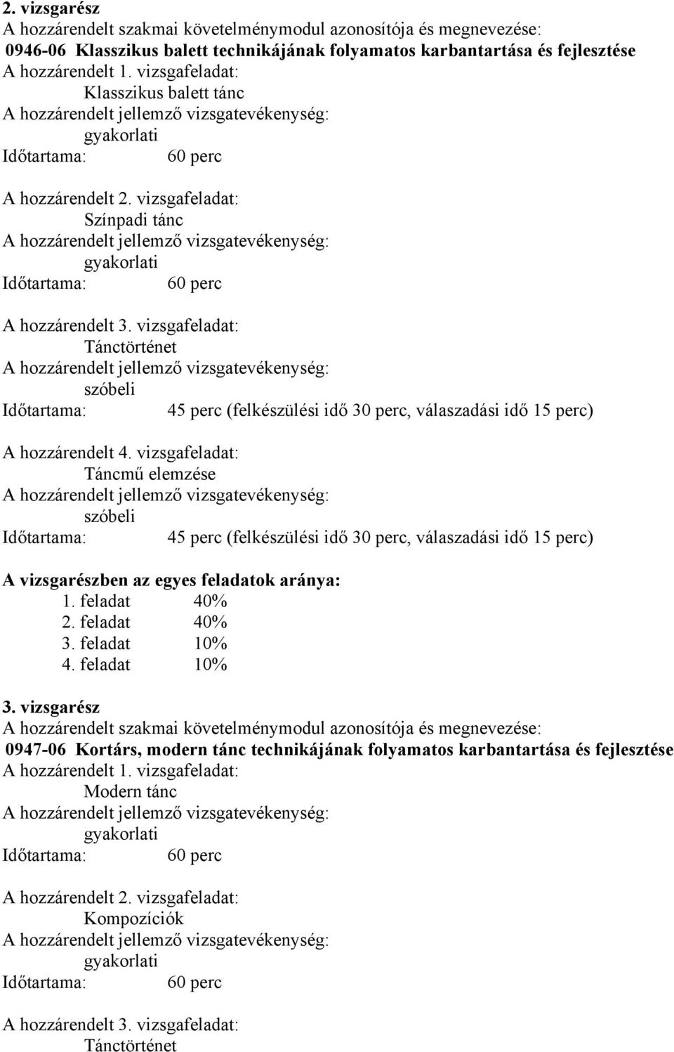 vizsgafeladat: Tánctörténet szóbeli Időtartama: 45 perc (felkészülési idő 30 perc, válaszadási idő 15 perc) A hozzárendelt 4.