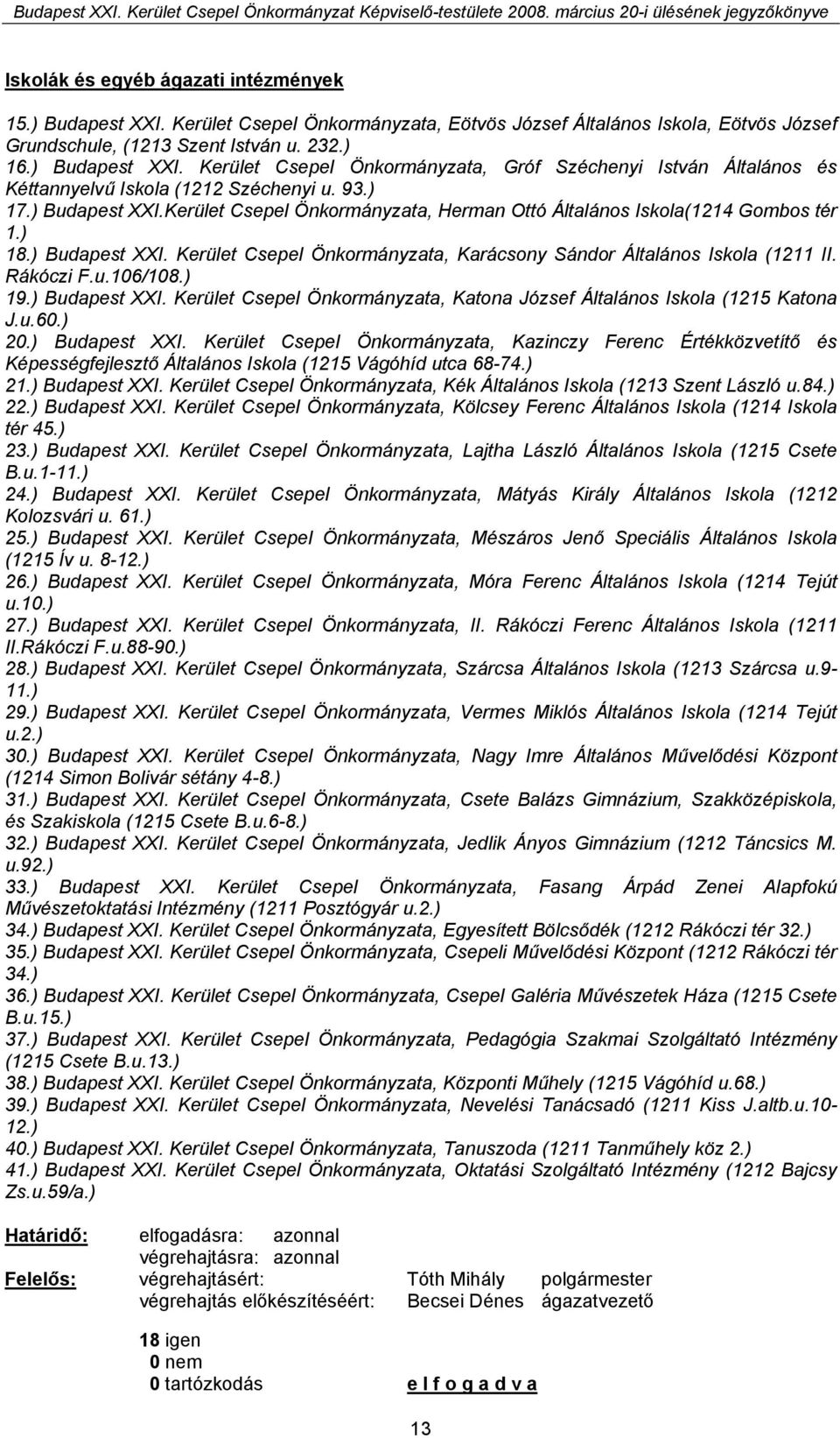 Rákóczi F.u.106/108.) 19.) Budapest XXI. Kerület Csepel Önkormányzata, Katona József Általános Iskola (1215 Katona J.u.60.) 20.) Budapest XXI. Kerület Csepel Önkormányzata, Kazinczy Ferenc Értékközvetítő és Képességfejlesztő Általános Iskola (1215 Vágóhíd utca 68-74.