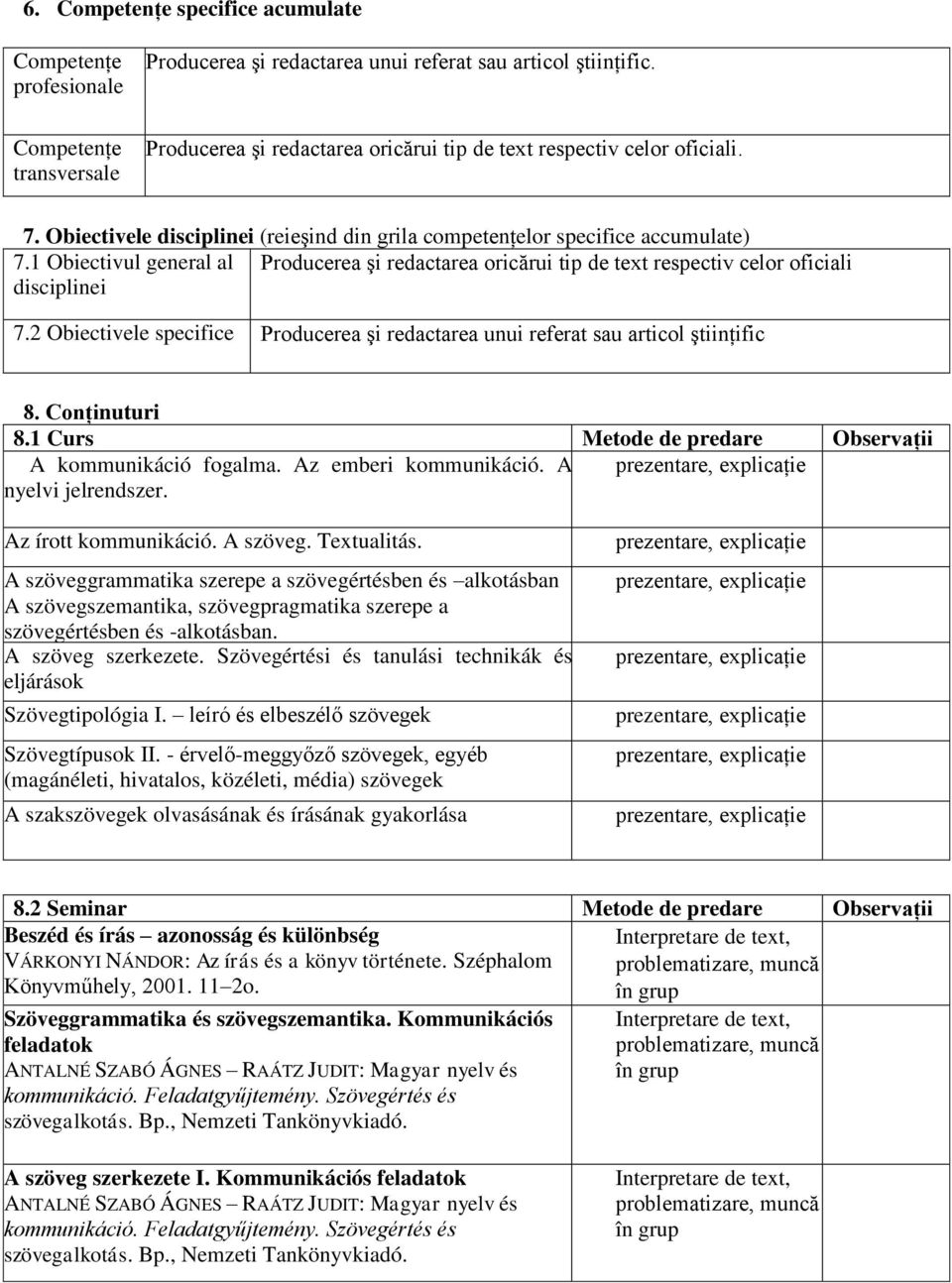 1 Obiectivul general al Producerea şi redactarea oricărui tip de text respectiv celor oficiali disciplinei 7.2 Obiectivele specifice Producerea şi redactarea unui referat sau articol ştiinţific 8.