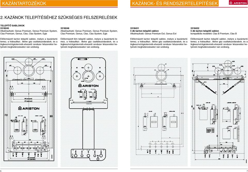 kompatibilis modellek: Clas B Premium, Clas B Előformázott karton telepítő sablon, melyre a kazántartó lemez, a hidraulikai-, illetve gáz csatlakozódarabok, és a légbeszívó/égéstermék-elvezető
