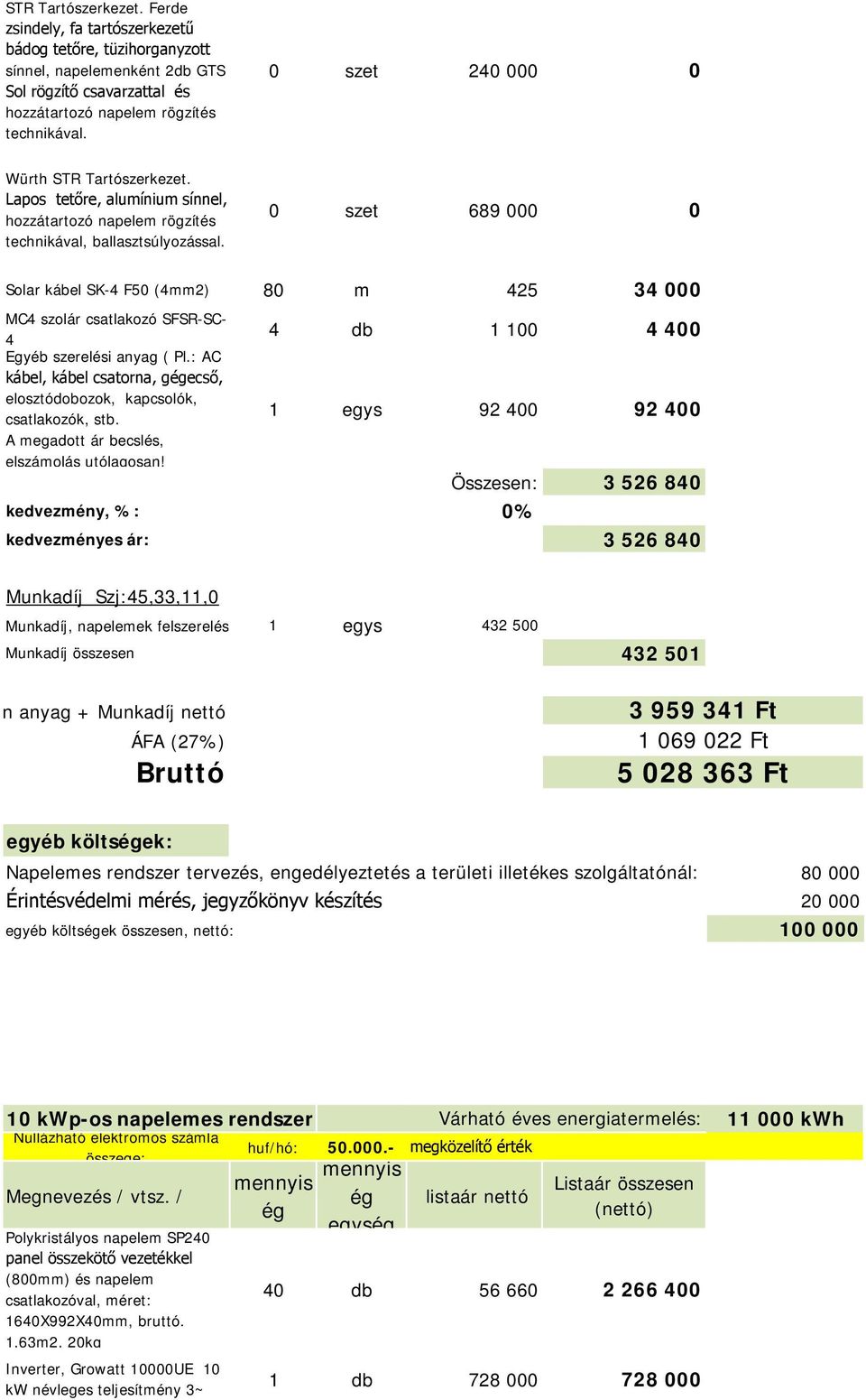költsek: 80 000 egyéb költsek összesen, nettó: 100 000 10 kwp-os napelemes rendszer Várható éves energiatermelés: 11 000 kwh huf/hó: 50.000.- megközelítő érték Polykristályos napelem SP20 csatlakozóval, méret: 160X992X0mm, bruttó.