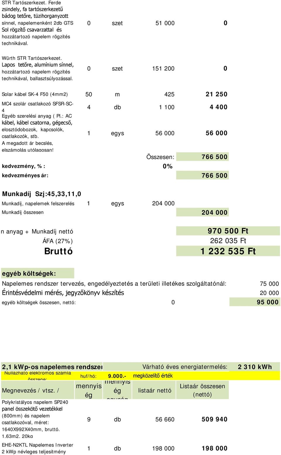 75 000 egyéb költsek összesen, nettó: 0 95 000 2,1 kwp-os napelemes rendszer Várható éves energiatermelés: 2 310 kwh huf/hó: 9.000.- megközelítő érték Polykristályos napelem SP20 csatlakozóval, méret: 160X992X0mm, bruttó.