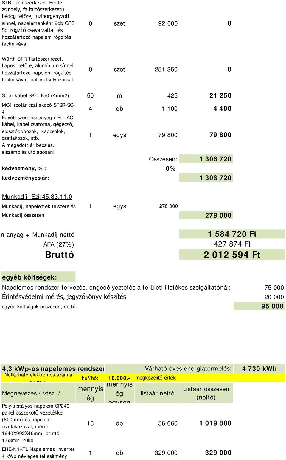 egyéb költsek: 75 000 egyéb költsek összesen, nettó: 95 000,3 kwp-os napelemes rendszer Várható éves energiatermelés: 730 kwh huf/hó: 18.000.- megközelítő érték Polykristályos napelem SP20 csatlakozóval, méret: 160X992X0mm, bruttó.