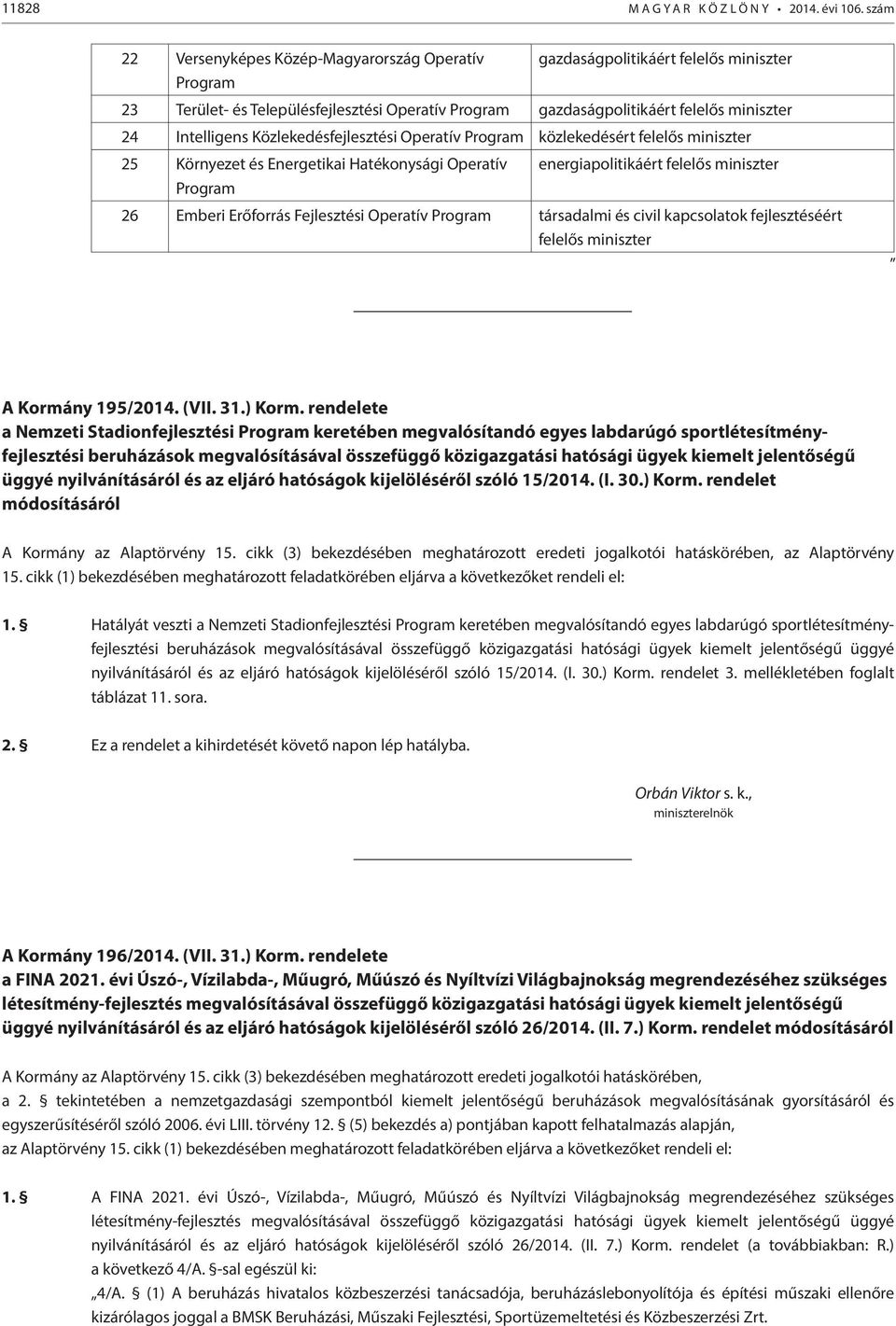 Intelligens Közlekedésfejlesztési Operatív Program közlekedésért felelős miniszter 25 Környezet és Energetikai Hatékonysági Operatív energiapolitikáért felelős miniszter Program 26 Emberi Erőforrás