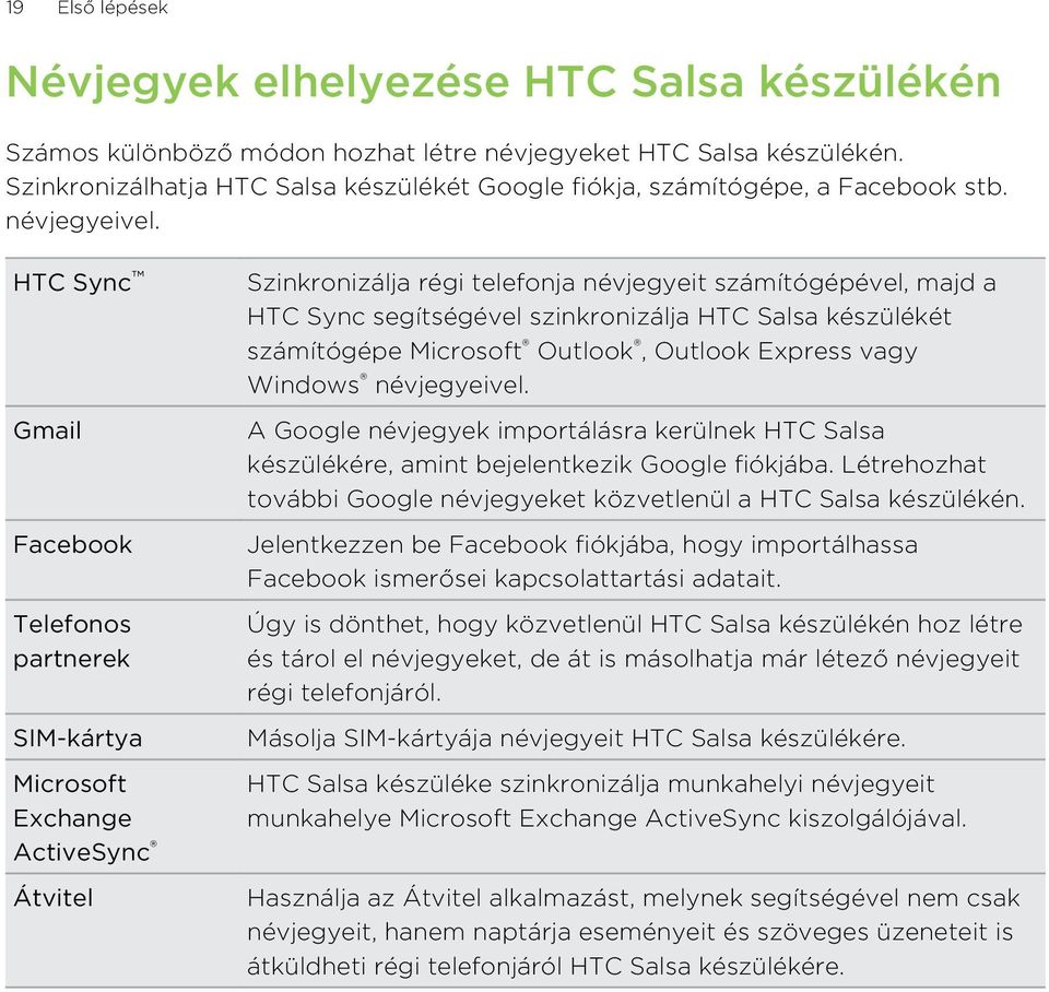 HTC Sync Gmail Facebook Telefonos partnerek SIM-kártya Microsoft Exchange ActiveSync Átvitel Szinkronizálja régi telefonja névjegyeit számítógépével, majd a HTC Sync segítségével szinkronizálja HTC