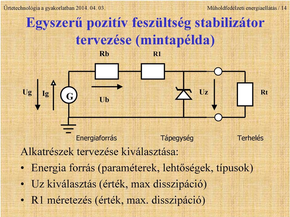 (mintapélda) Rb R1 Ug Ig G Ub Uz Rt Energiaforrás Tápegység Terhelés Alkatrészek tervezése