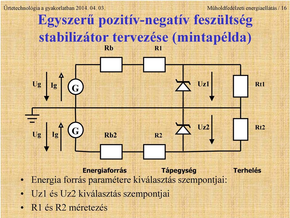 stabilizátor tervezése (mintapélda) Rb R1 Ug Ig G Uz1 Rt1 G Ug Ig Rb2 R2 Uz2 Rt2