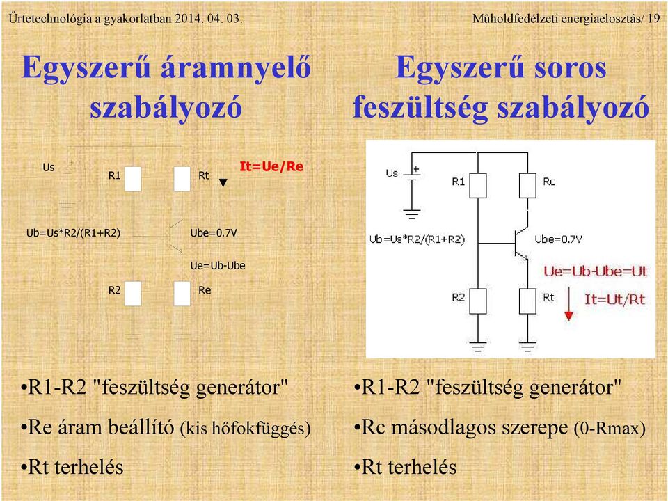 feszültség szabályozó Us R1 Rt It=Ue/Re Ub=Us*R2/(R1+R2) Ube=0.