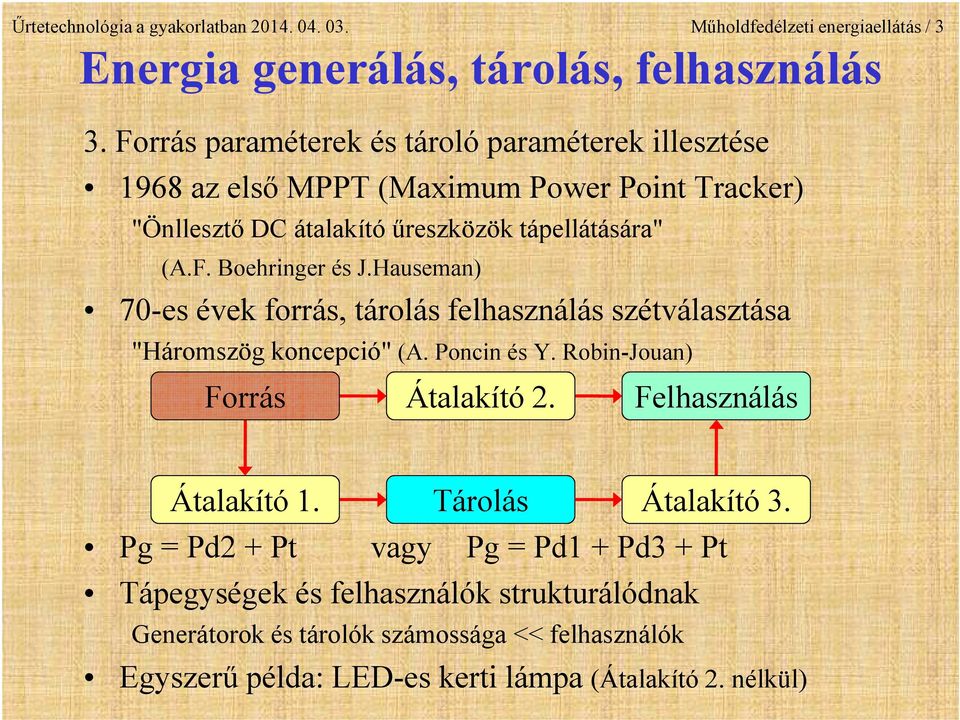 Hauseman) 70-es évek forrás, tárolás felhasználás szétválasztása "Háromszög koncepció" (A. Poncin és Y. Robin-Jouan) Forrás Átalakító 2. Felhasználás Átalakító 1.